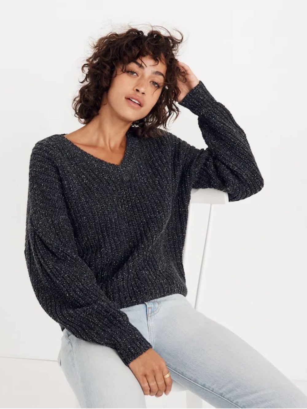 Madewell Pleat-Sleeve Pullover Sweater wool silk blend